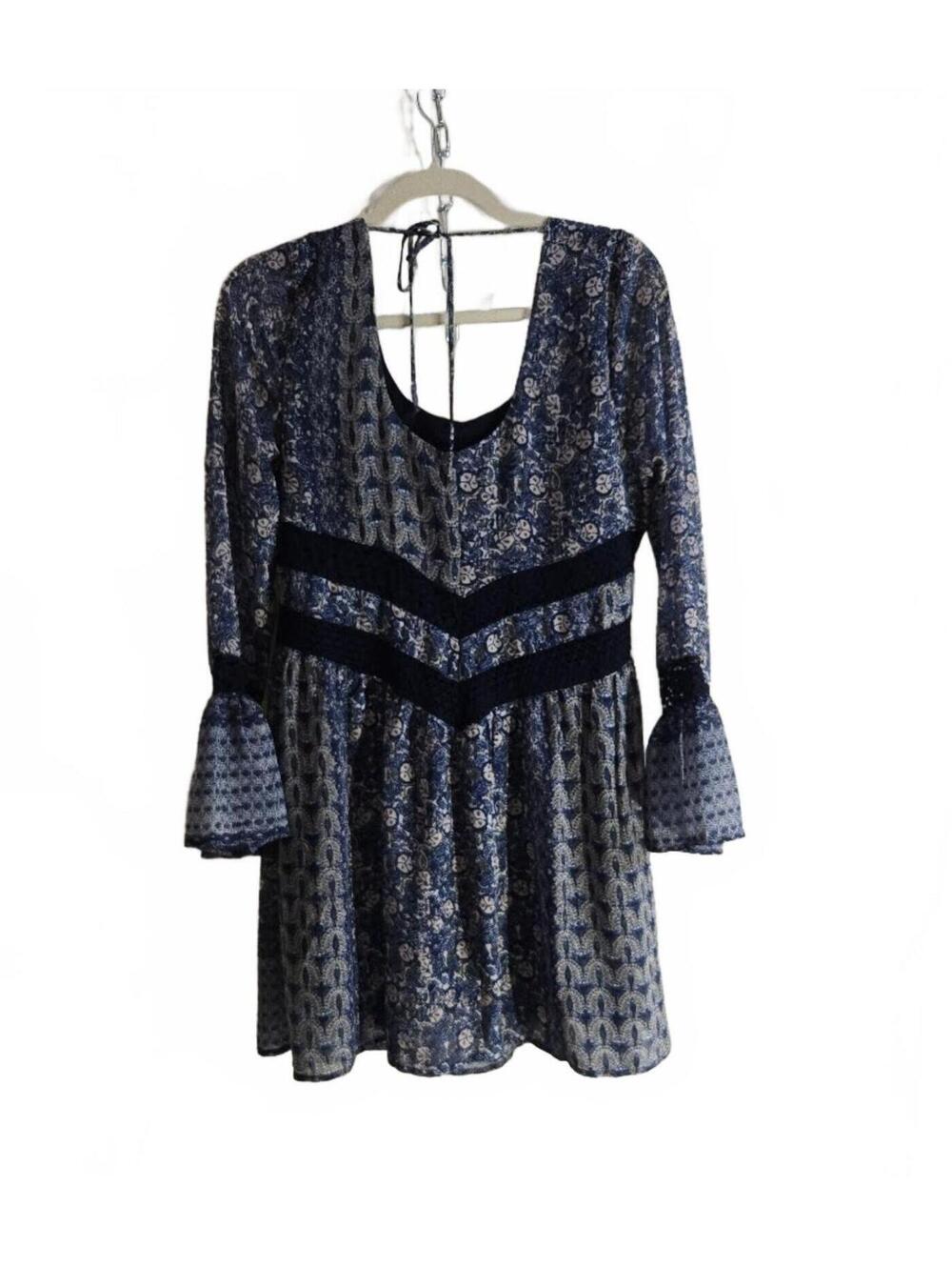 Maurices Blue Patterned Dress with Bell Sleeves Size S